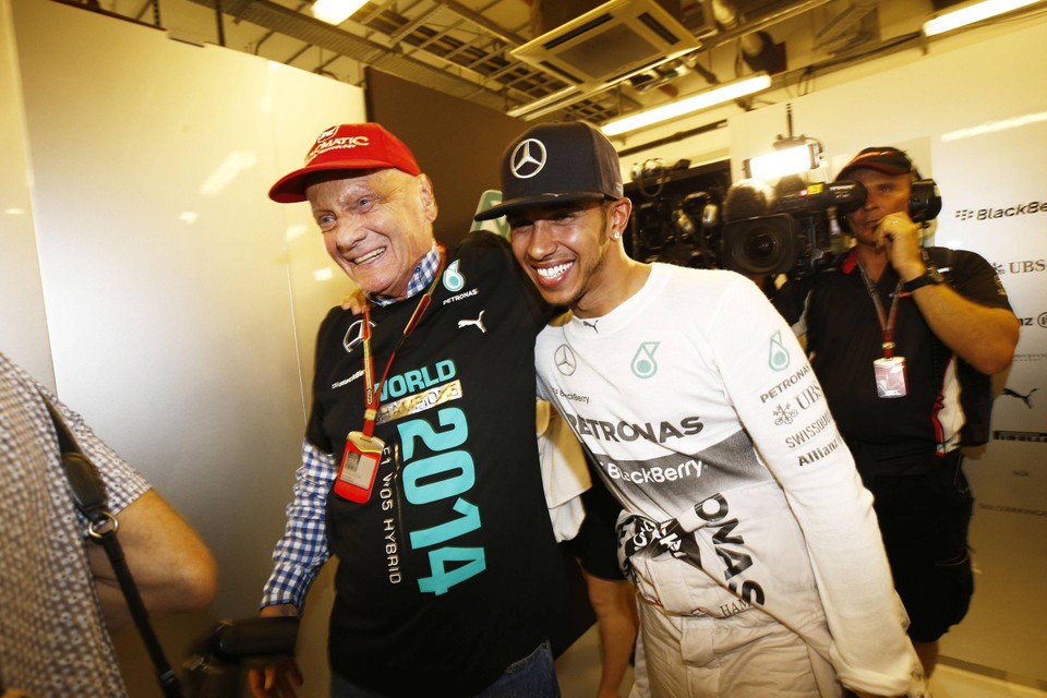 Abu Dhabi 2013. Met Niki Lauda, die hem overtuigde om naar Mercedes over te stappen.