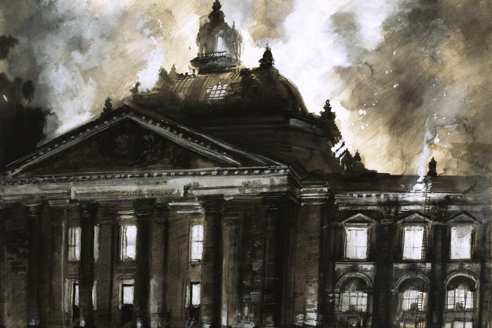 Een tekening van de brand van de Rijksdag in 1933.