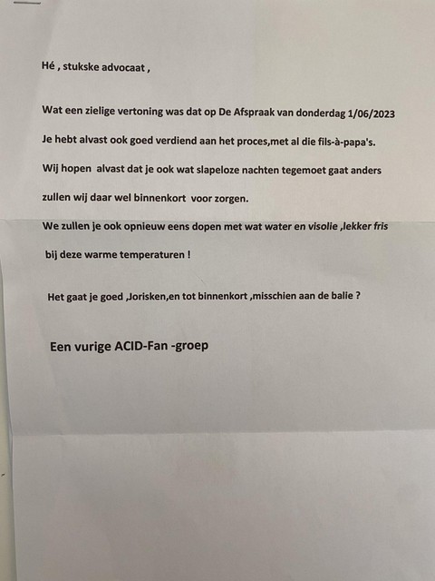 Deze brief zat vanochtend in bus van advocaat Joris Van Cauter