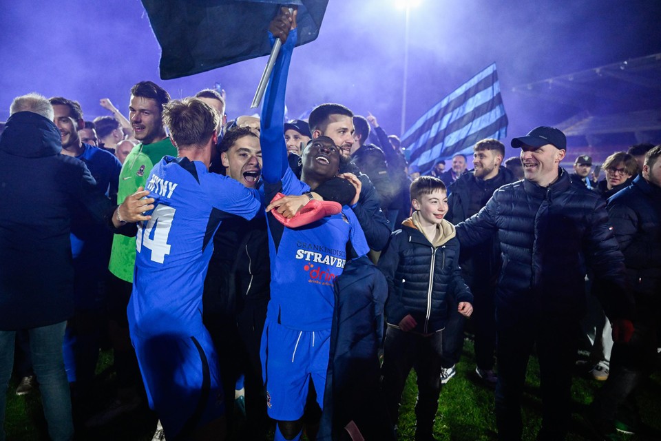 De spelers vieren de promotie met de supporters, die na de wedstrijd het veld bestormden.