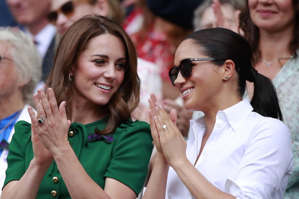 Kate Middleton en Meghan Markle hier samen op Wimbledon 2019.