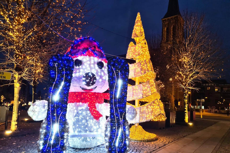 Het pronkstuk is een grote verlichte ijsbeer in winterse ski-outfit op het Kerkplein in het centrum.  
