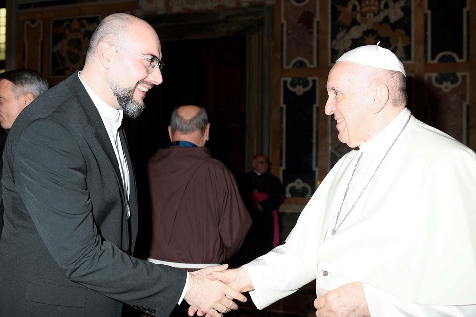 Gianluca bij zijn tweede ontmoeting met paus Franciscus.