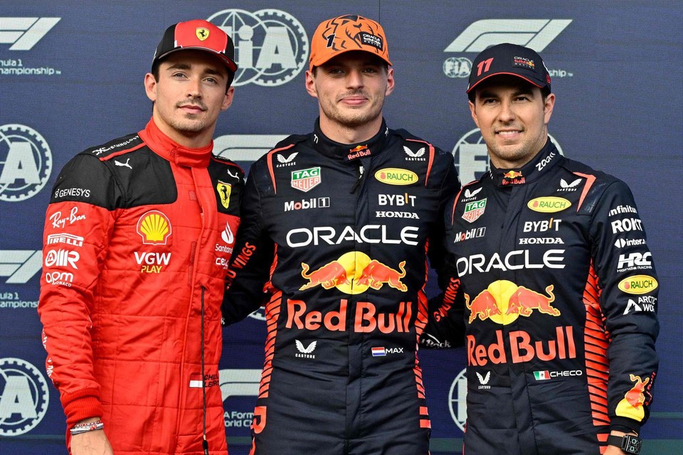 Charles Leclerc, Max Verstappen en Sergio Perez.
