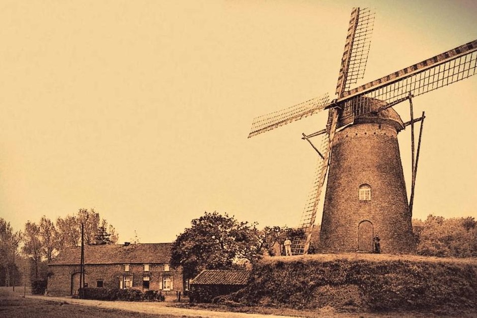 De molen van Dilsen nog met wieken en het oorspronkelijke molenhuis in 1948. 
