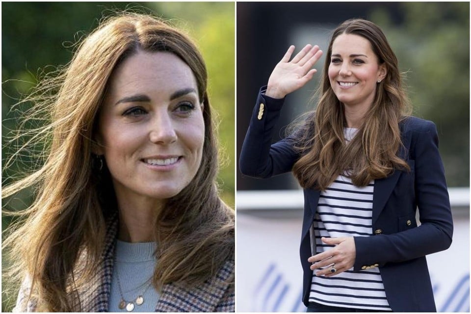 Kate Middleton links zonder haar haren achter de oren, rechts met. 
