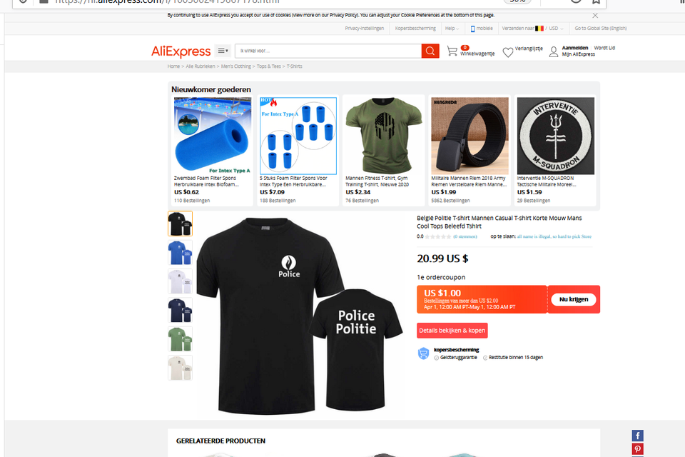 Het valse politieshirt is in verschillende kleuren beschikbaar op de website van Aliexpress 