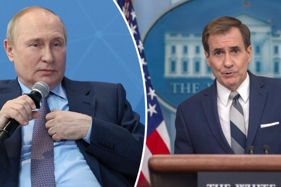 Russisch president Vladimir Poetin en John Kirby, woordvoerder van de Nationale Veiligheidsraad van de VS. 