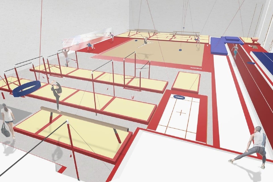 Een impressie van de toekomstige hypermoderne gymzaal in Zolder. 