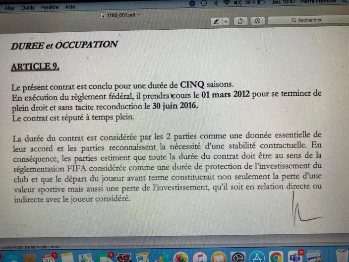 Het “bewijs” van François dat het nieuwe contract van Cyriac tot 2016 liep en niet tot 2013, zoals in de reportage wordt gezegd 