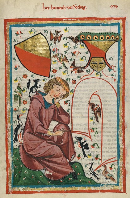 Een manuscript met een afbeelding van ‘minnestreel’ van Veldeke. 