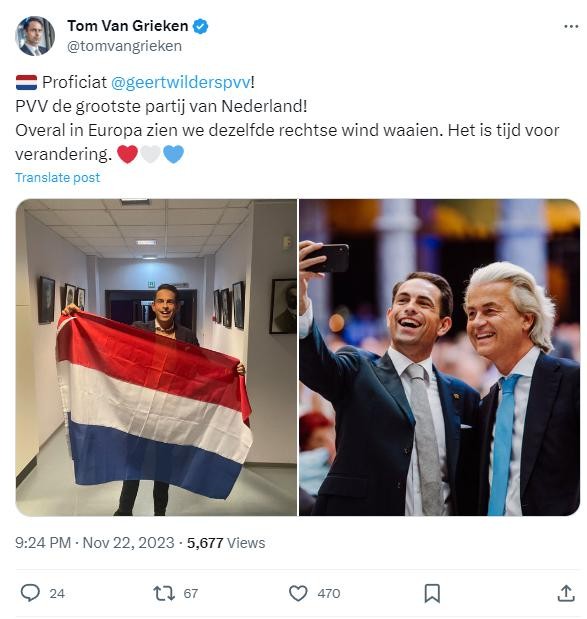 Zo feliciteerde Van Grieken Geert Wilders op X.