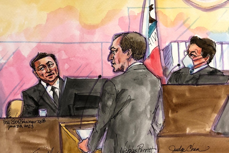 Schets van uit de rechtbank, waar een zaak tegen Elon Musk plaatsvindt.