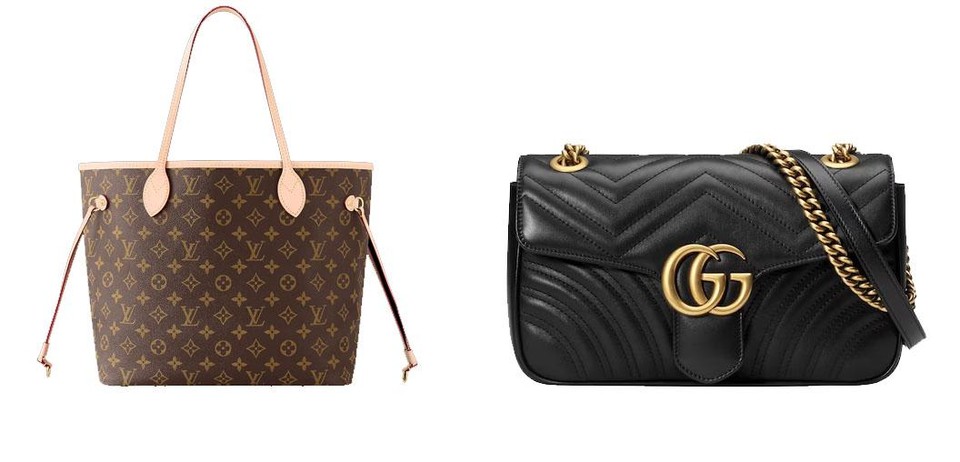 Links: de Neverfull-handtas van Louis Vuitton (1.500 euro). Rechts: een klassieke Marmont-bag uit de collectie van Gucci (2.000 euro)