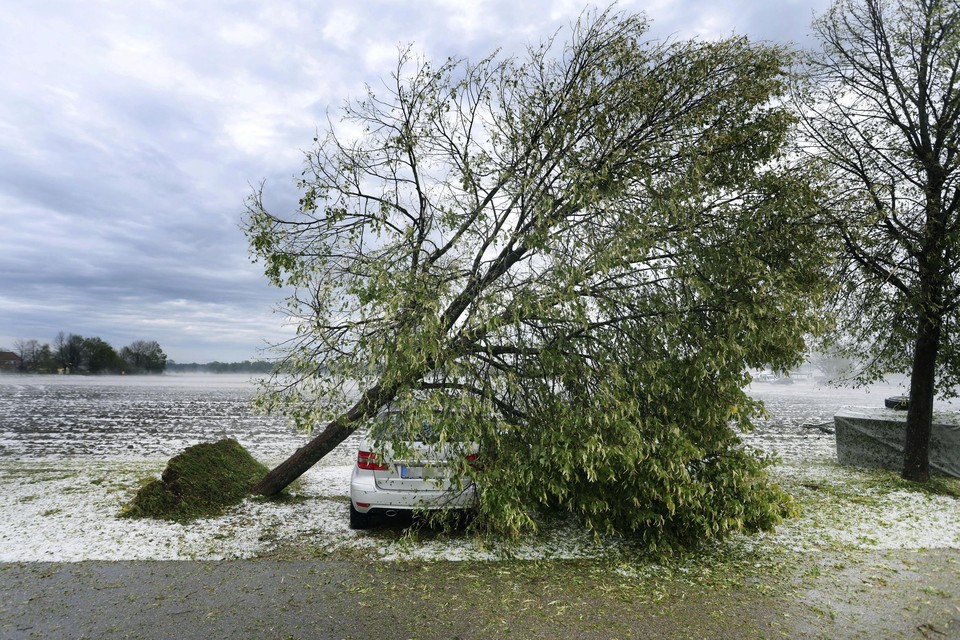 In de Duitse gemeente Kissing: een weggespoelde boom belandt bovenop een wagen.