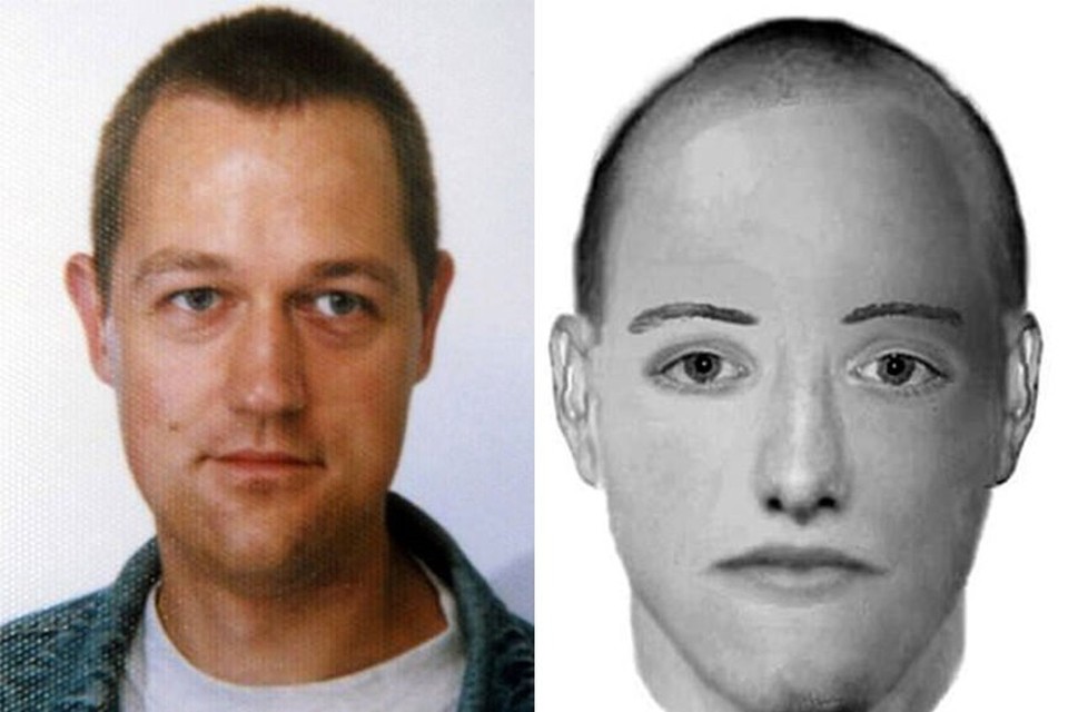 Het net lijkt zich te sluiten rond Martin Nye (links), die erg lijkt op een robotfoto (rechts) die tijdens het onderzoek naar de ontvoering van Maddie McCann werd gebruikt. 