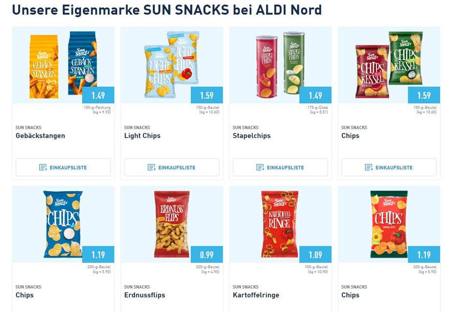 Bij het overkoepelende Aldi Nord heten alle chips al ‘Sun Snacks’