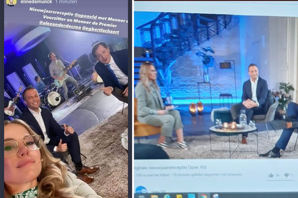 Links de selfie van Eline de Munck, rechts het beeld vanuit een ander perspectief dat de partijwoordvoerder stuurde 