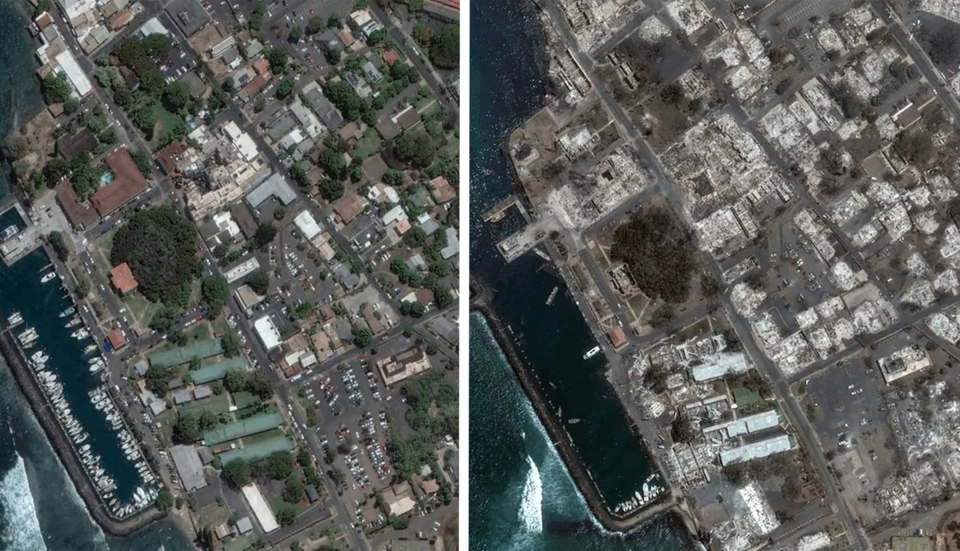 Deze satellietfoto’s tonen Lahaina voor en na de verwoestende bosbranden