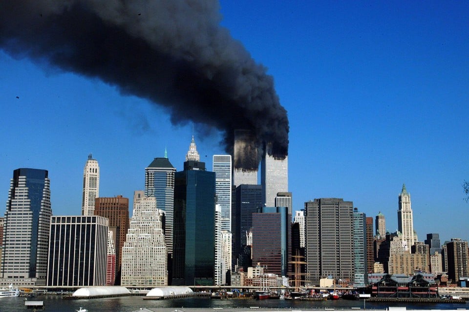 De brandende Twin Towers. 