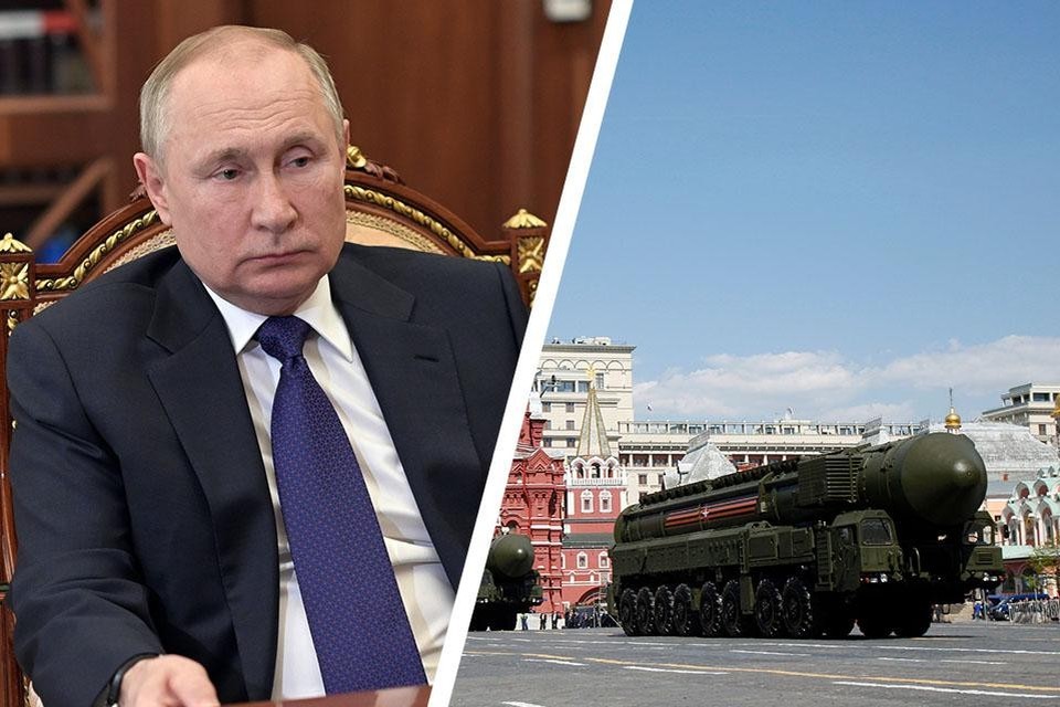 Links: president Vladimir Poetin. Rechts: Russische ICBM-raketten (Intercontinental Ballistic Missile) tijdens de militaire parade op de Dag van de Overwinning (foto genomen op 9 mei 2016).  