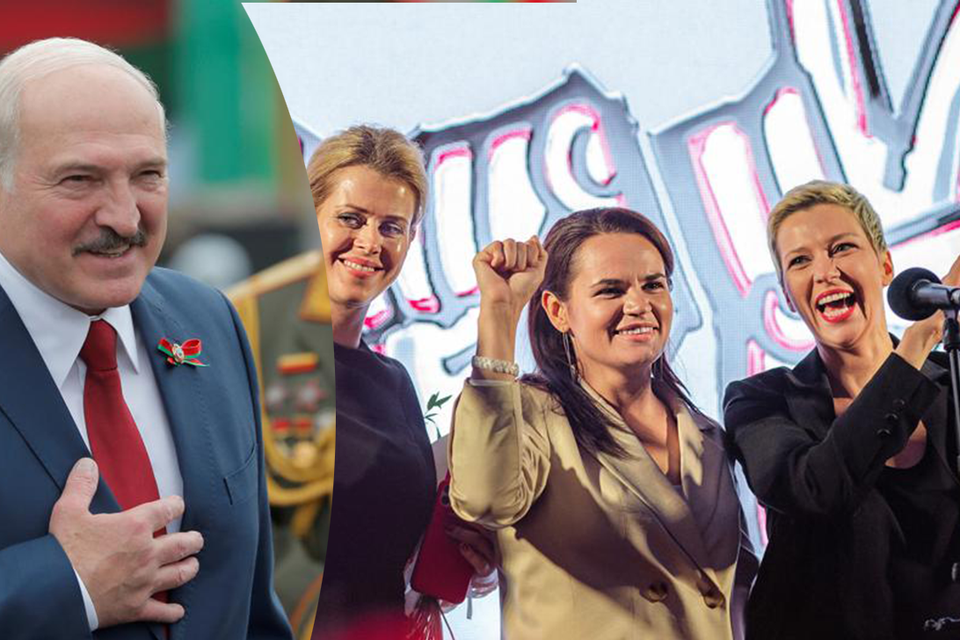 Het vrouwenfront: Svetlana Tichanovskaja (midden) is de presidentskandidate, ze wordt gesteund door Veronika Tsepkalo (links) en Maria Kolesnikova (rechts). 