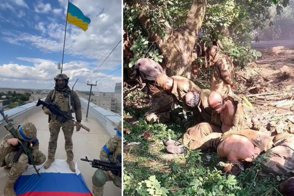 De Oekraïense president Zelenski deelde beelden van triomfantelijke soldaten in het heroverde gebied (links), terwijl daar volgens de Oekraïners ook veel Russische soldaten krijgsgevangen genomen worden (rechts).  