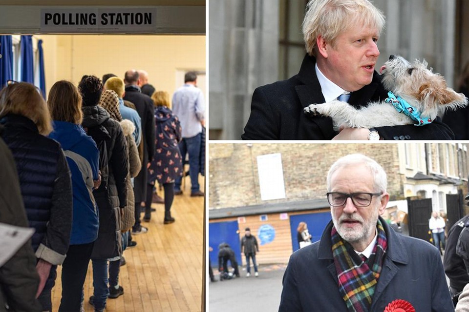 Boris Johnson had zijn hondje meegebracht naar het stembureau. Of hij het zal halen van Jeremy Corbyn hangt van de kiezer af. 