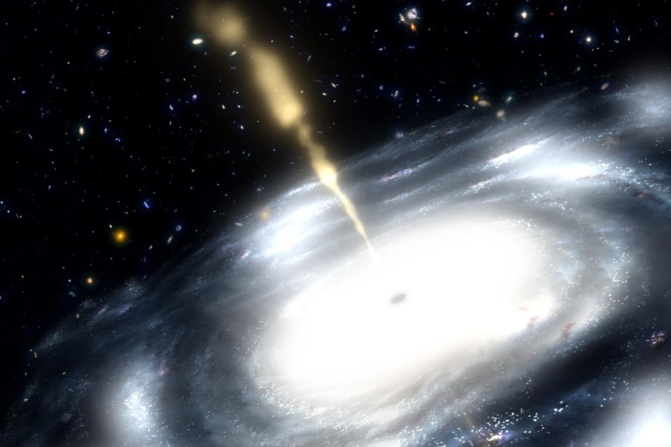 Illustratie van een zwart gat met twee jets of straalstromen 