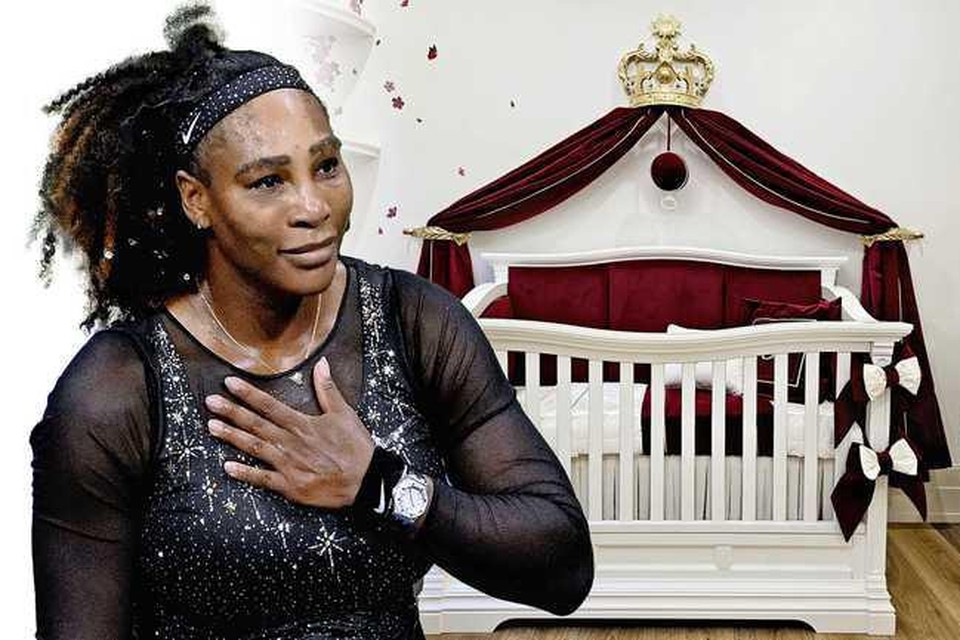 Serena Williams werd verliefd op een babykamer die ze in Nederland zag. Het blauw van het oorspronkelijke model werd vervangen door bordeauxrood.