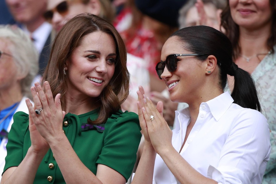 Kate Middleton en Meghan Markle samen op Wimbledon, in 2019.