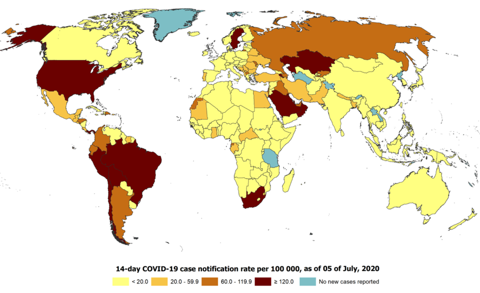 De kaart met het aantal besmettingen per 14 dagen per 100.000 inwoners. Voor Europa kleuren onder meer de Balkanlanden, Zweden en Portugal donkerder.  