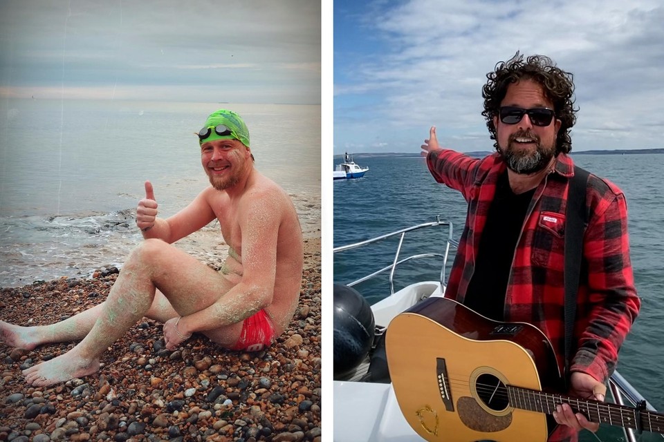 Chris Gale (links) zwom afgelopen zomer het Kanaal over, muzikant Geert Verdickt volgde hem per boot en schreef een song over de man. 
