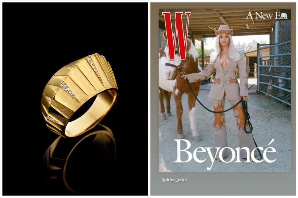 De pyramid ring van Dries Criel die Beyoncé draagt (links, 5.650 euro) en Beyoncé met juwelen van de ontwerper in een shoot voor ‘W magazine’