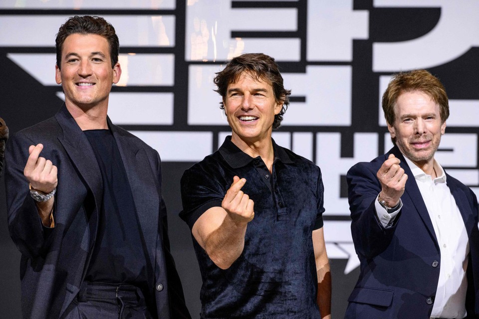Acteurs Miles Teller, Tom Cruise en producer Jerry Bruckheimer. 
