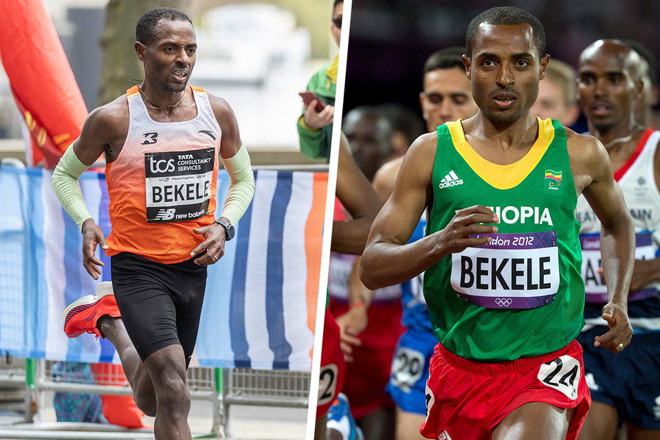 Links: Bekele tijdens de marathon van Londen van 2024, rechts: Bekele tijdens de Olympische Spelen van 2012.