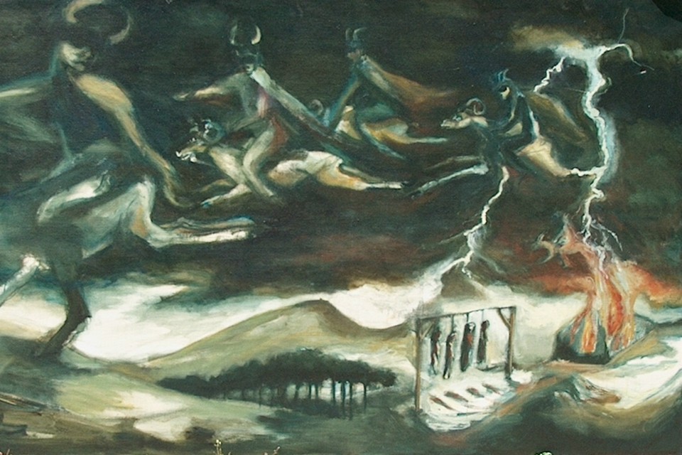 Volgens het volksgeloof verplaatste de dievenbende zich op bokken door de lucht. Schilderij van onbekende schilder. 