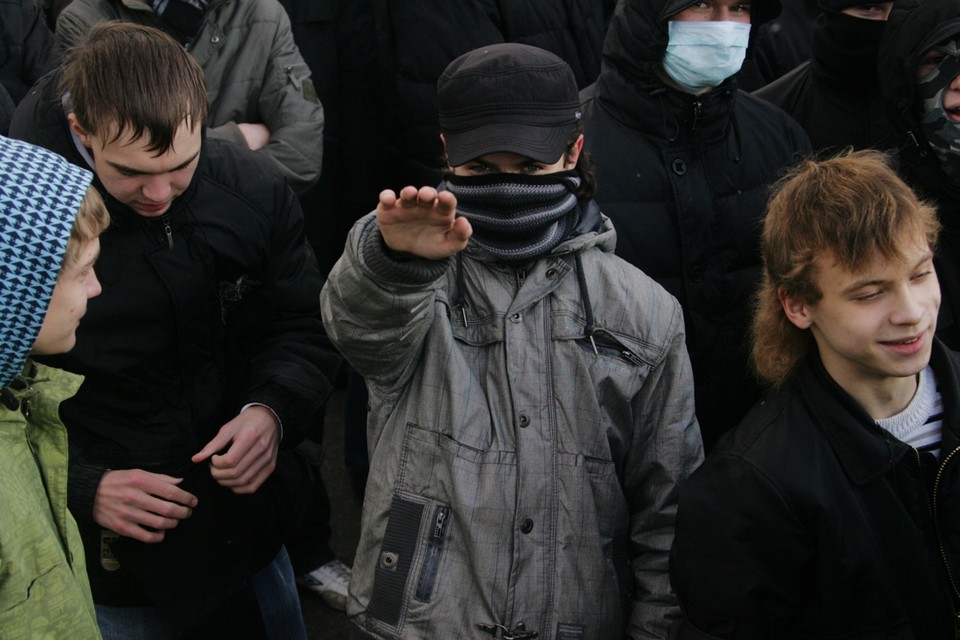 Russische ultranationalisten op een bijeenkomst in Moskou. 