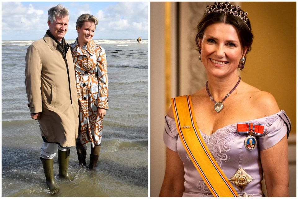 Koning Filip en koningin Mathilde in 2017 aan zee (links), Prinses Märtha Louise van Noorwegen (rechts) 