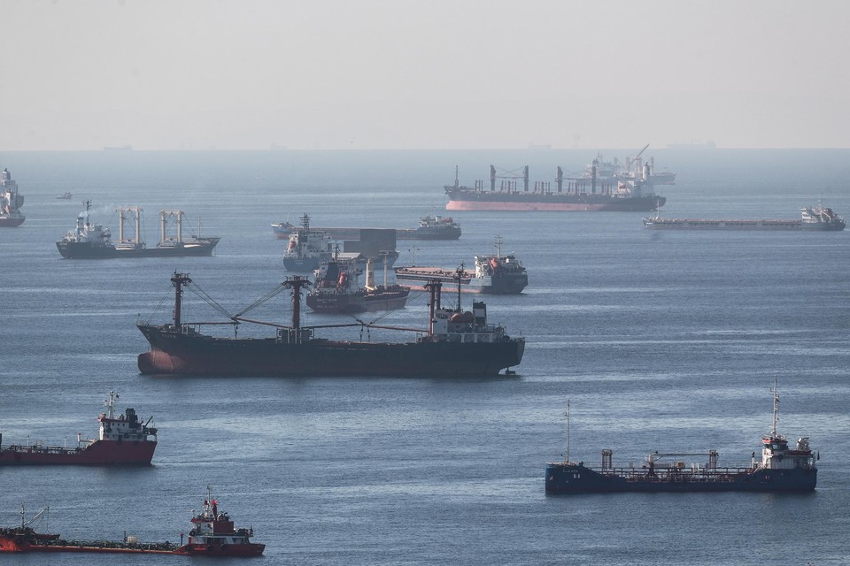 Vrachtschepen met Oekraïens graan liggen voor anker in de Zee van Marmara bij Istanboel.