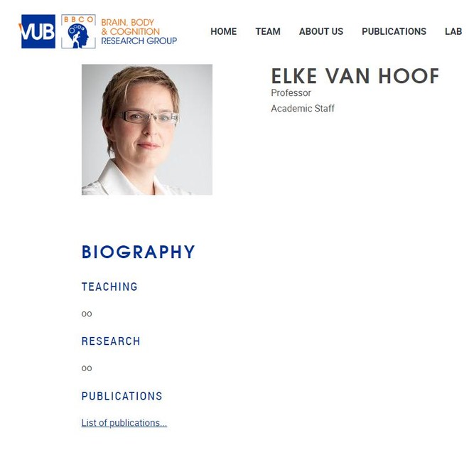 In tegenstelling tot bij al haar collega’s, wordt op de site van de onderzoeksgroep over het werk van Van Hoof (‘teaching’ en ‘research’) met geen woord gerept.