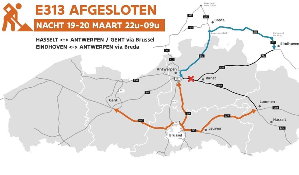Verkeersadvies voor zaterdagnacht: mijd de E313 zeker ter hoogte van Wommelgem. 