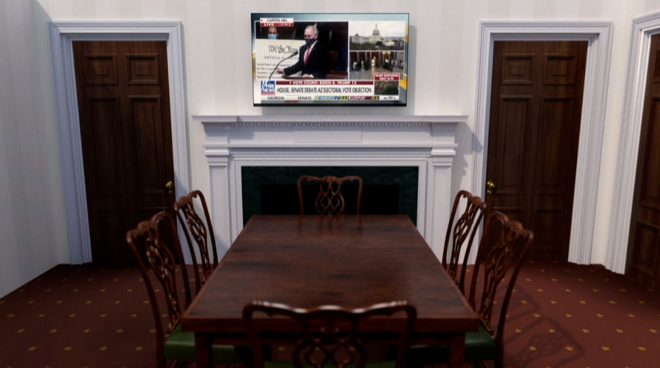 Trump keek naar Fox News in zijn eetkamer. 