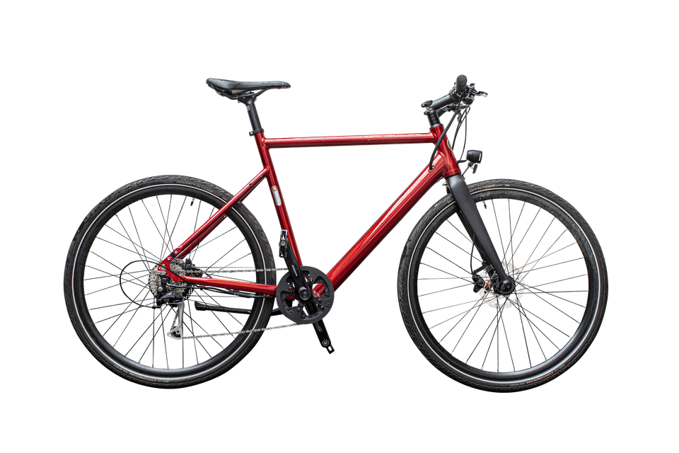 De BZEN Milano, mooie rode kleur, 16 kg en met steun vanuit het achterwiel. Een ideale partner voor woonwerkverkeer. 