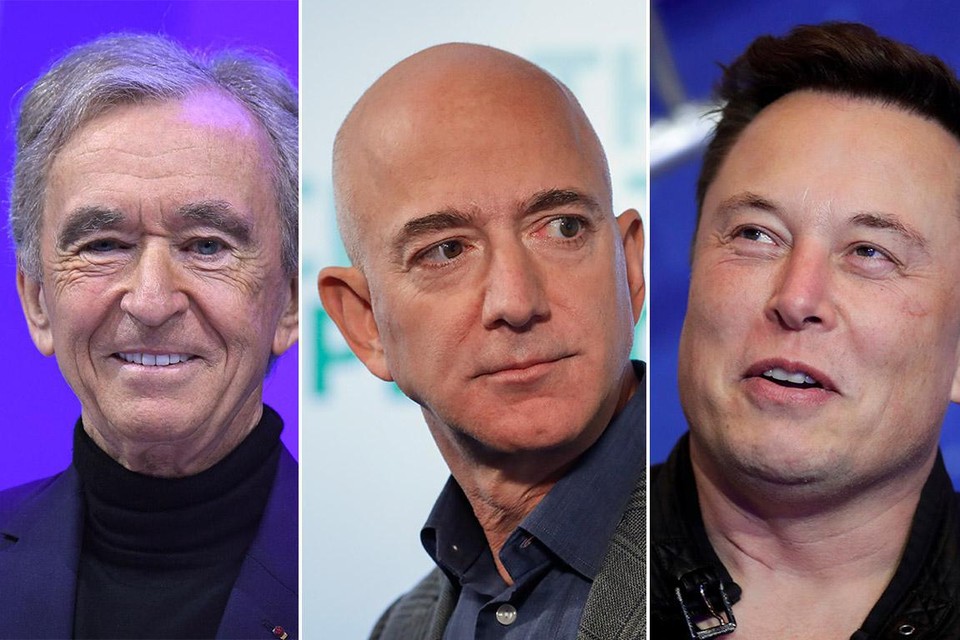 Van links naar rechts: Bernard Arnault, Jeff Bezos en Elon Musk 