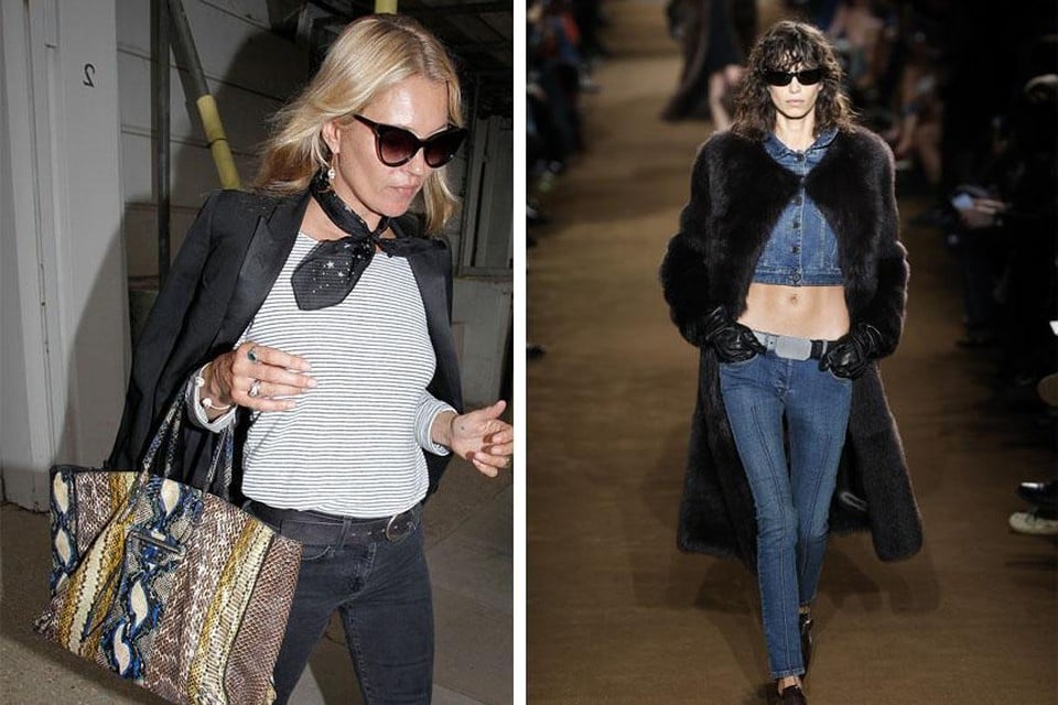 Kate Moss, al jaren trouwe fan van skinny jeans en de bijhorende rock-’n-rollvibe, en een model op de catwalk van Miu Miu dat wintercollectie 2024 showt.