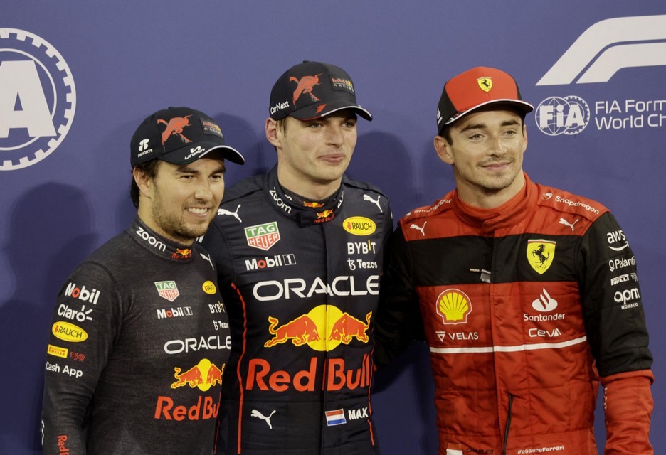 De top-drie: Max Verstappen voor Sergio Perez en Charles Leclerc.  
