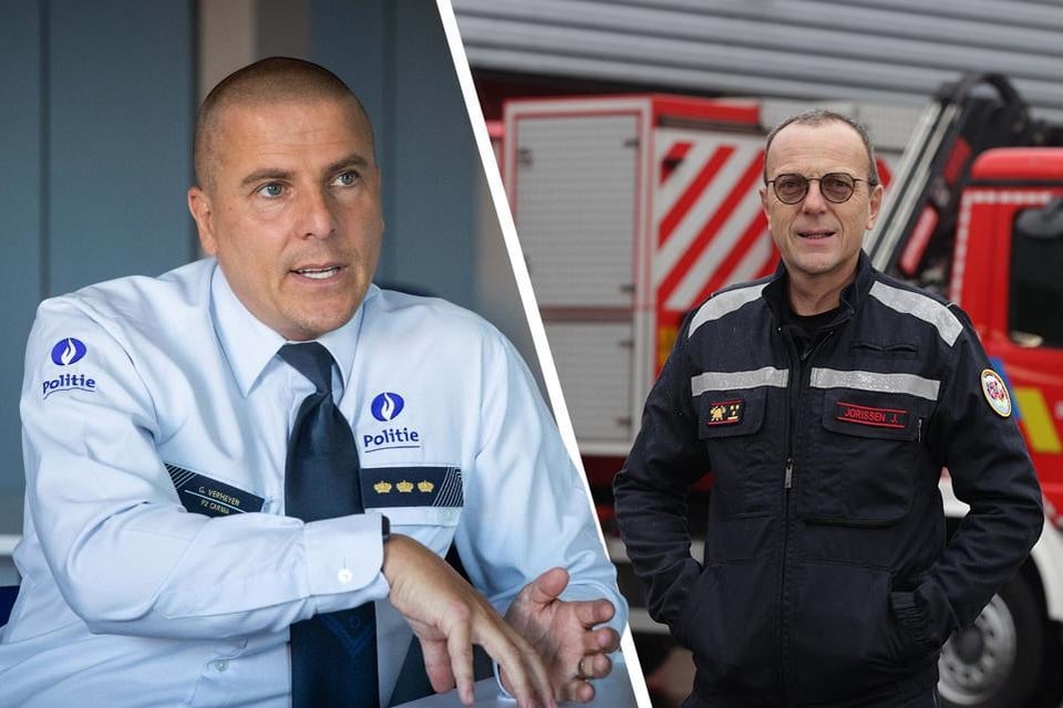 Geert Verheyen (l.), korpschef van de politiezone Carma, en brandweerkolonel Jan Jorissen.