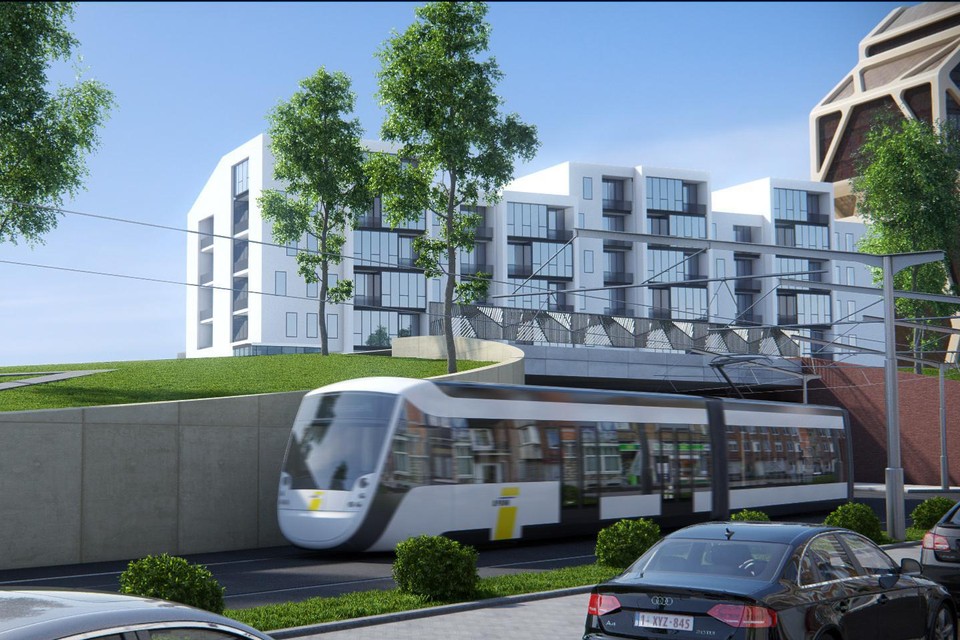 Zo had de tram er moeten uitzien, ter hoogte van het Hasseltse station en gerechtsgebouw. In 2022 besliste de Vlaamse regering om het project om te vormen tot een verbinding met trambussen.