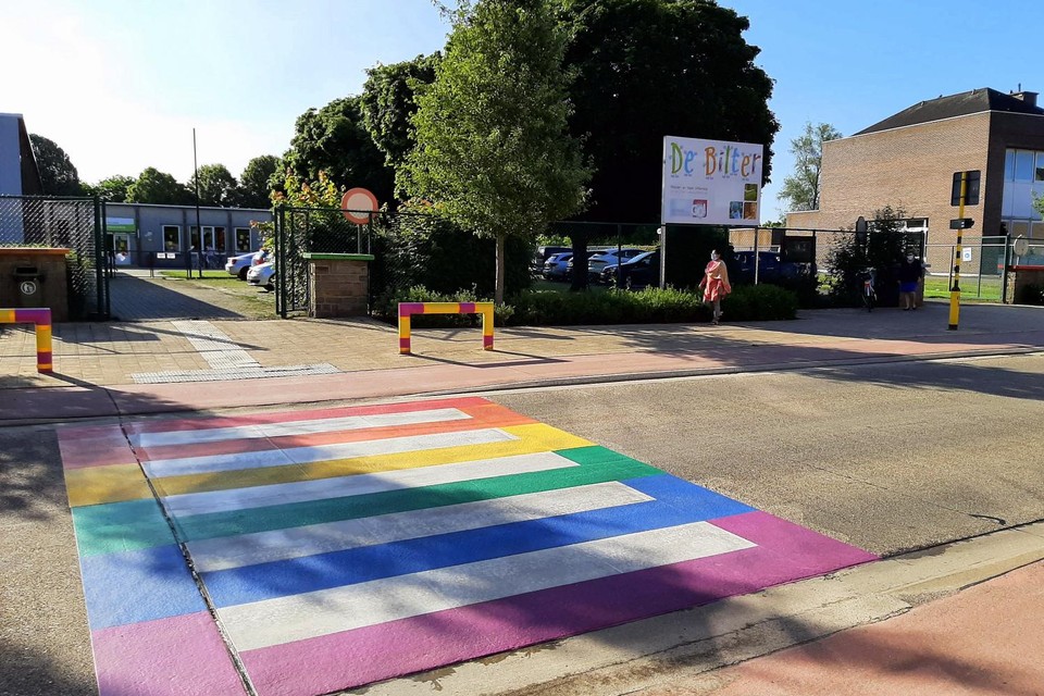 Op de Nieuwe Steenweg in Heers, vlak voor basisschool De Bilter, prijkt sinds deze week een zebrapad in regenboogkleuren. 